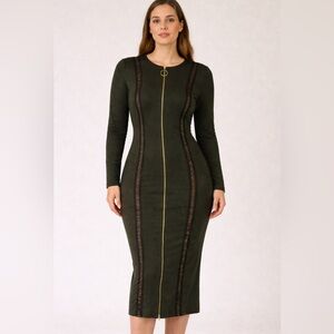 Capsulle Boutique Long Sleeve Dress in Dark Green Zipper Front New